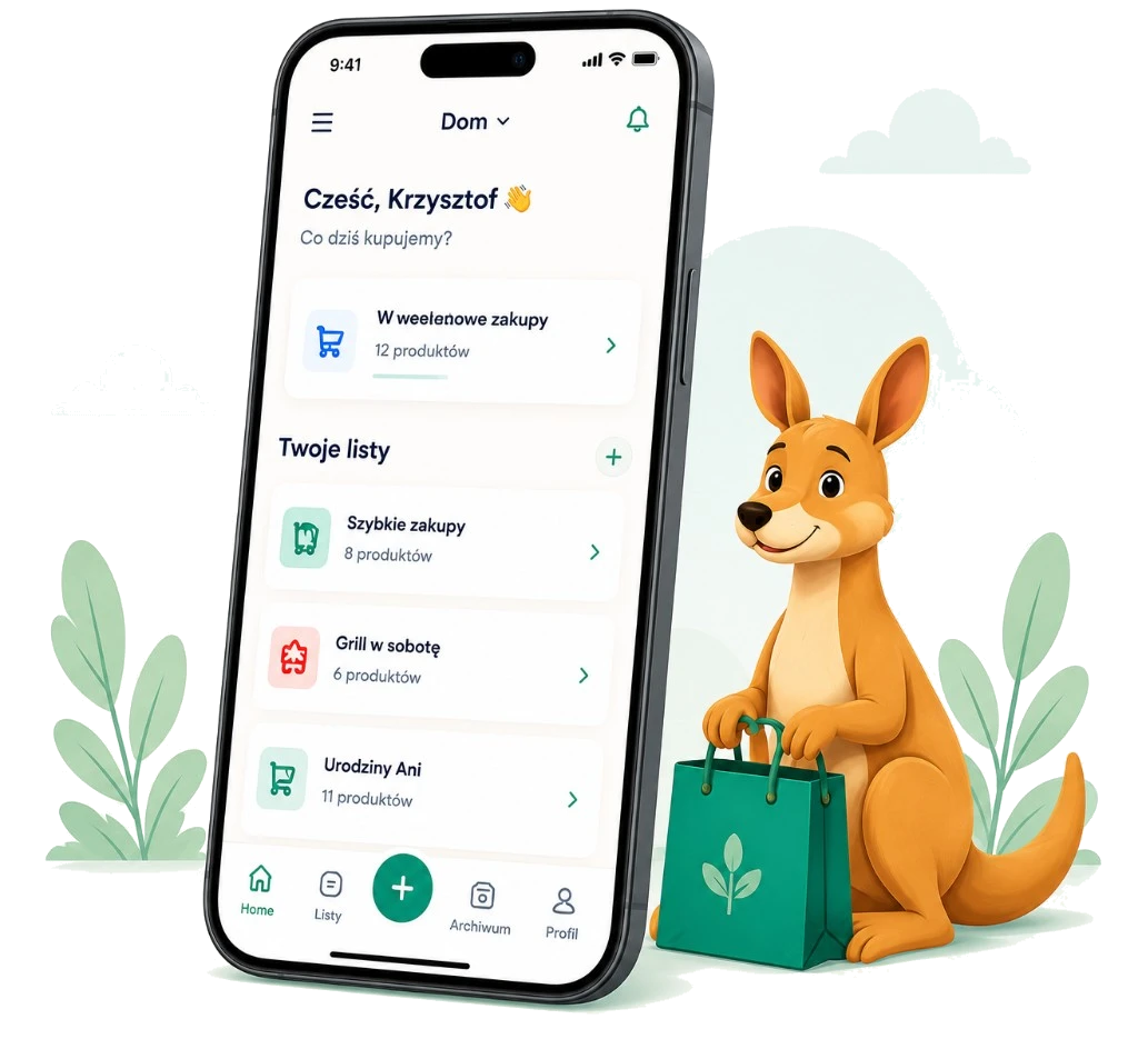 Kangur - the app and mascot with a shopping bag